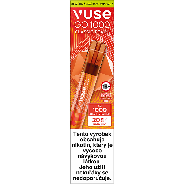 K18+ Vuse GO 1000 jednorázová e-cigareta Classic Peach 18mg