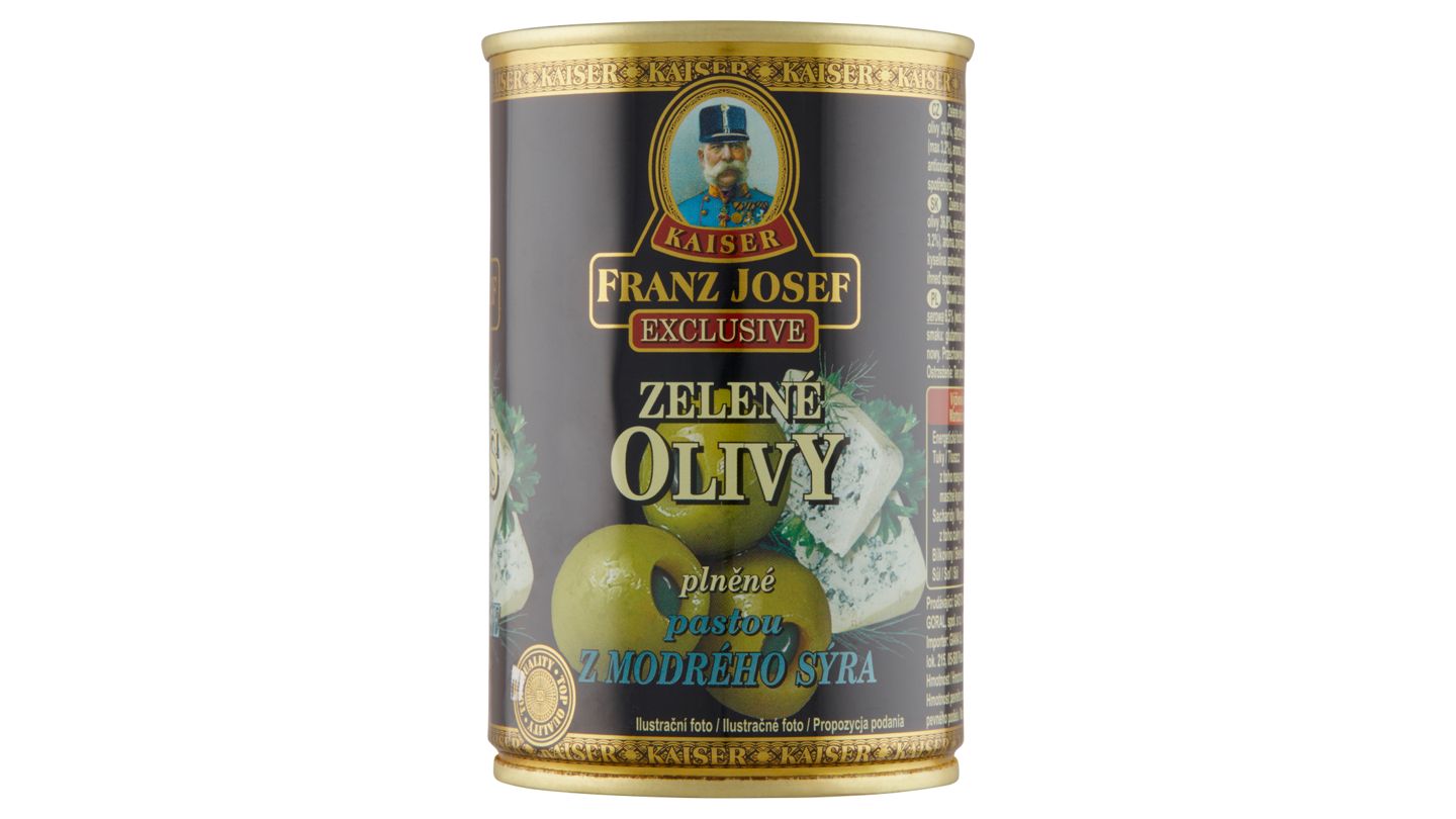 Franz Josef Kaiser Exclusive Zelené olivy plněné pastou z modrého sýra 300g