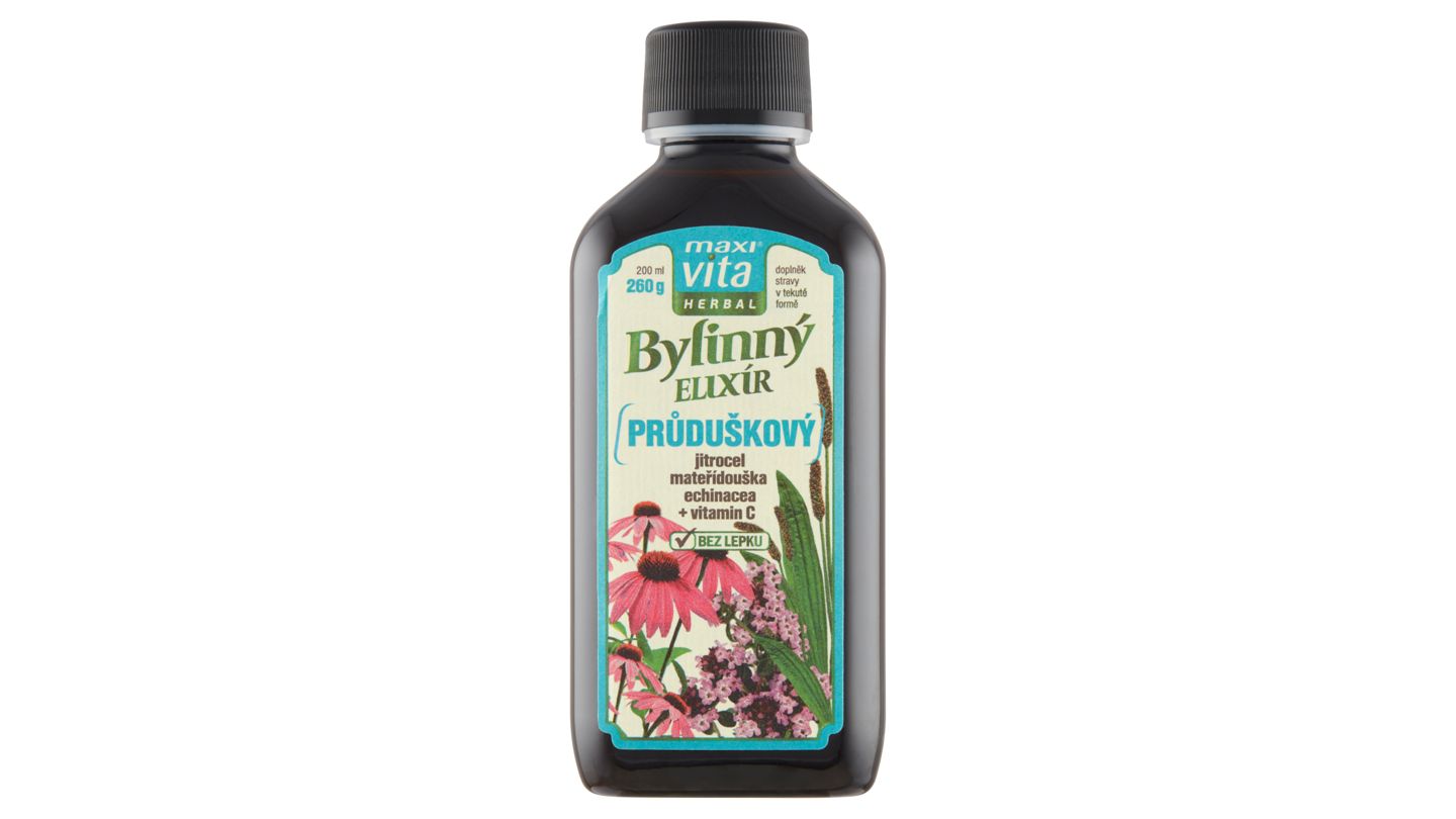 MaxiVita Herbal Bylinný elixír průduškový jitrocel mateřídouška echinacea + vitamin C 200ml