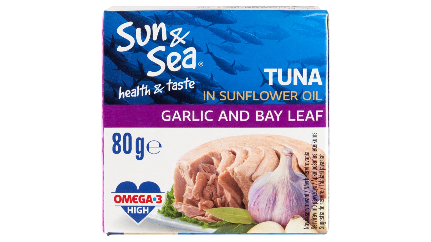 Sun & Sea Tuňák ve slunečnicovém oleji s příchutí česneku a bobkového listu 80g