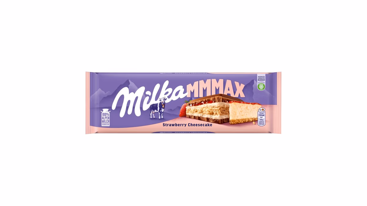 Milka Mmmax Strawberry Cheesecake v mléčné čokoládě, 300 g