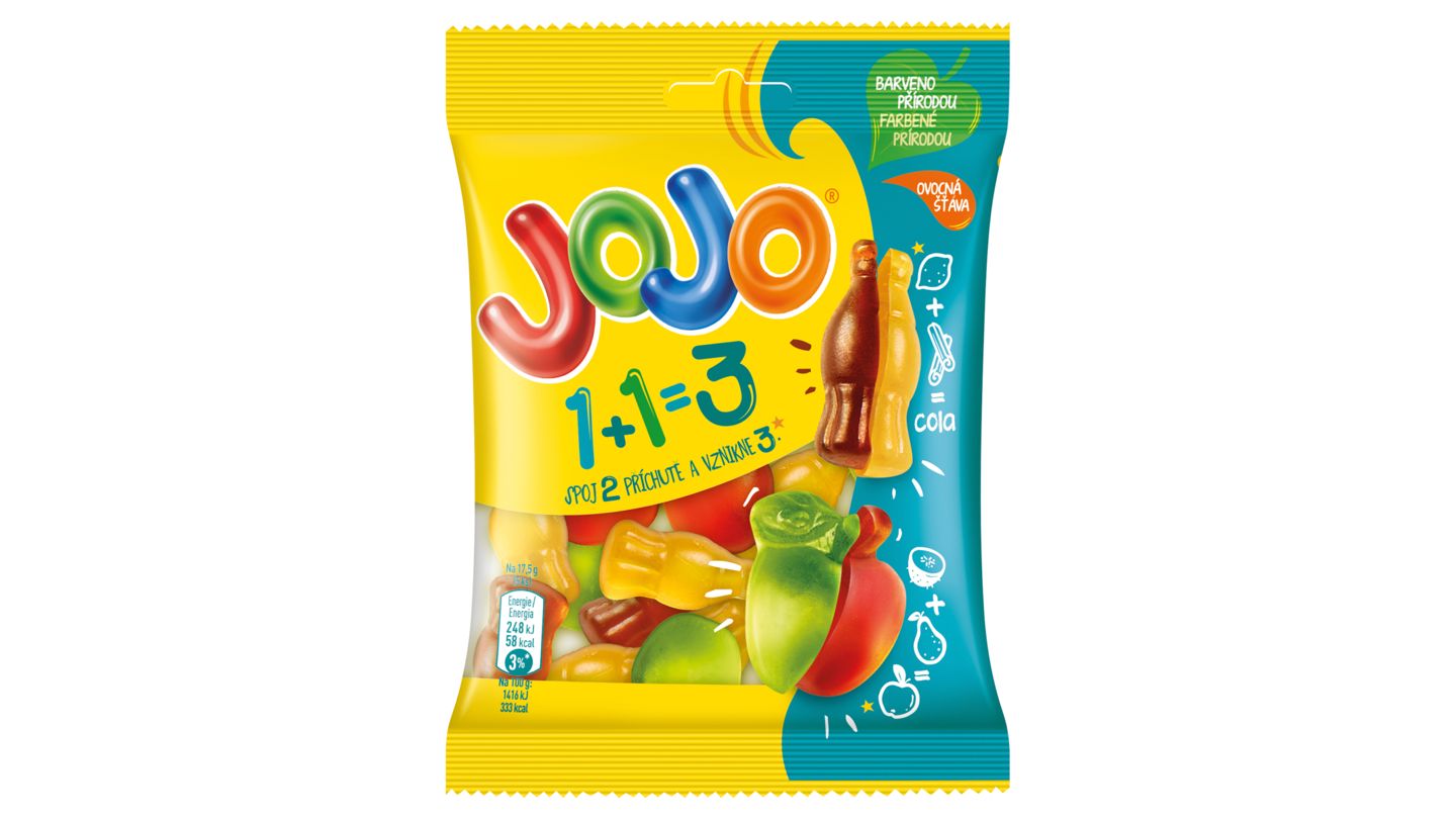 JOJO 1+1=3 želé bonbóny s příchutí ovoce a skořice 80g