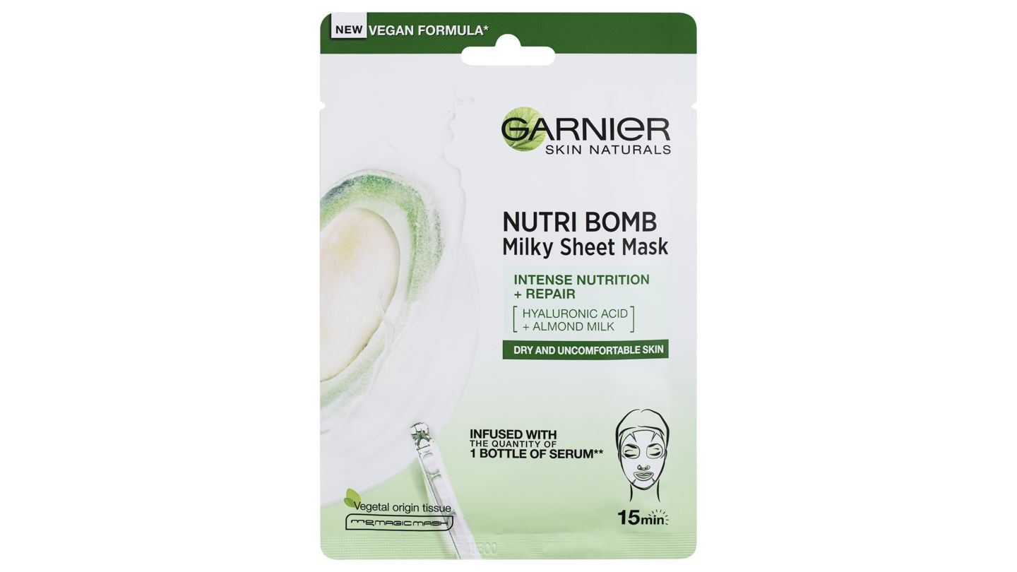 Garnier Skin Naturals textilní maska pro výživu a nápravu suché pleti Nutri Bomb s mandlovým mlékem,