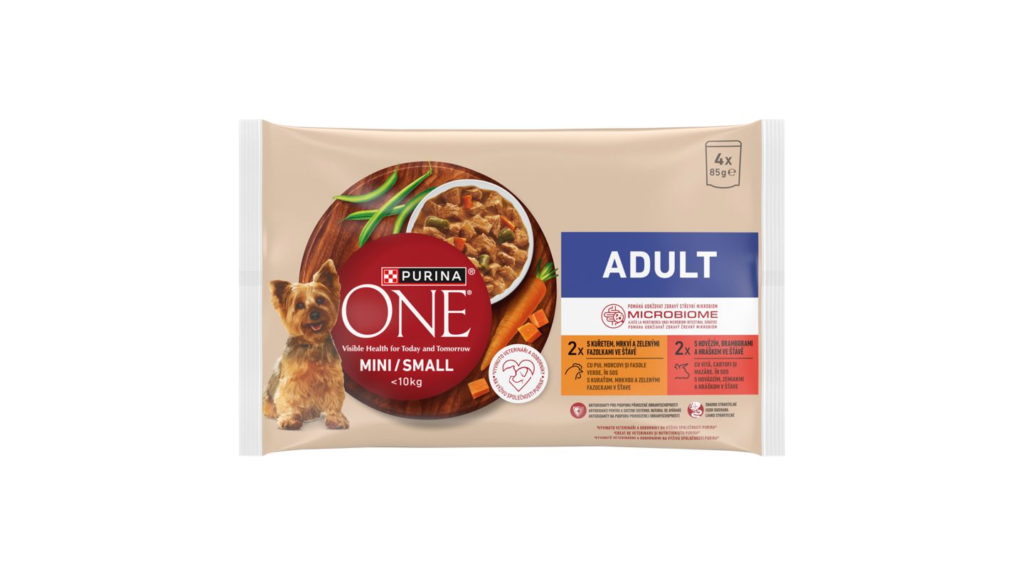 PURINA ONE MINI/SMALL <10 kg Adult s Kuřetem a Hovězím ve šťávě 4 x 85g