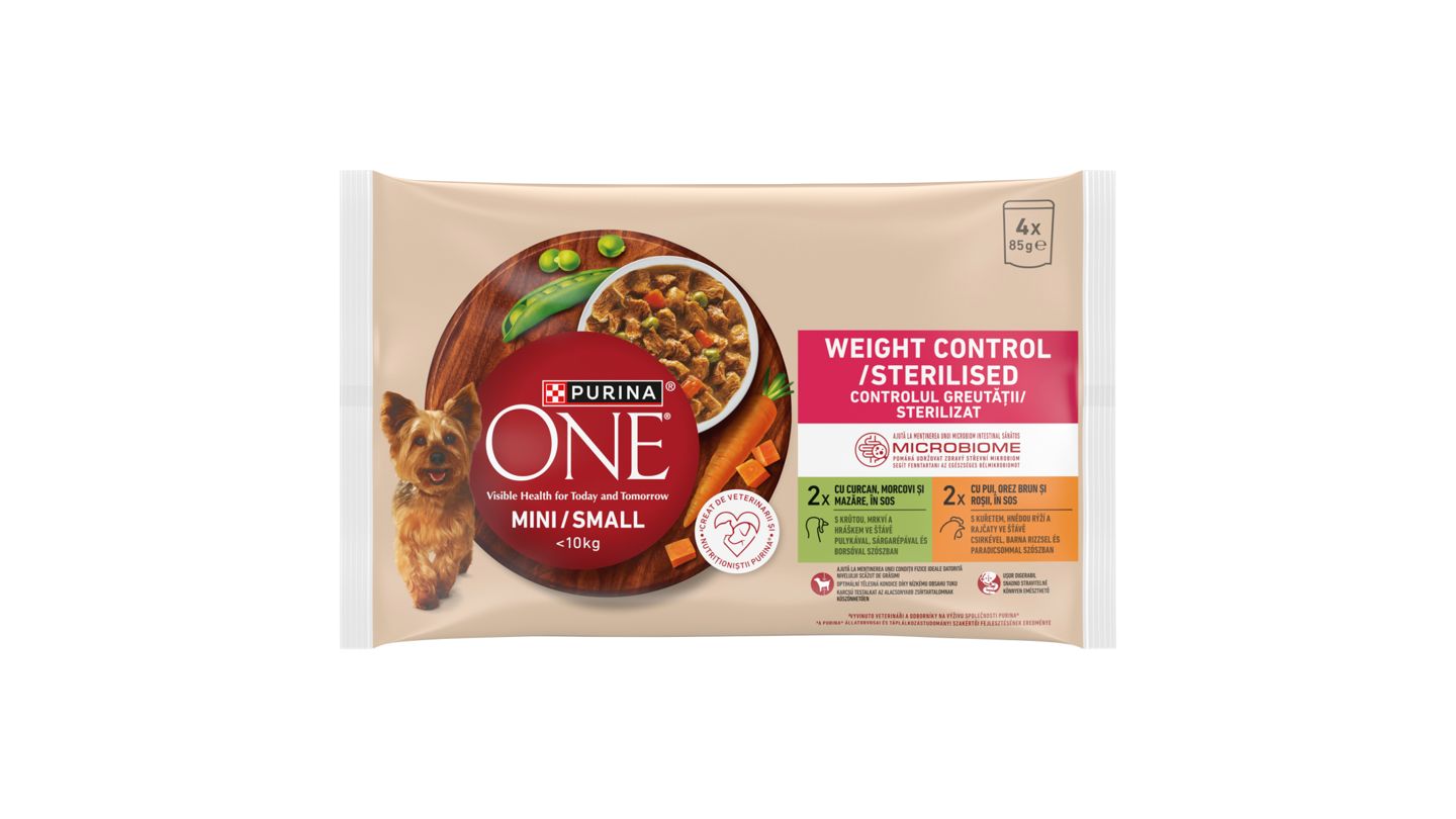 PURINA ONE MINI/SMALL <10 kg Weight Control/Sterilised s Kuřetem a Krůtou ve šťávě 4 x 85g