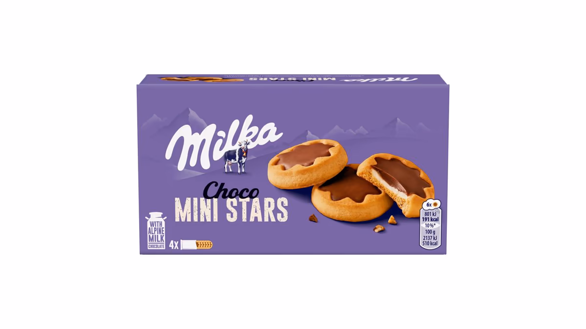 Milka Choco Mini Stars sušenky s mléčnou náplní polomáčené mléčnou čokoládou z alpského mléka 150g