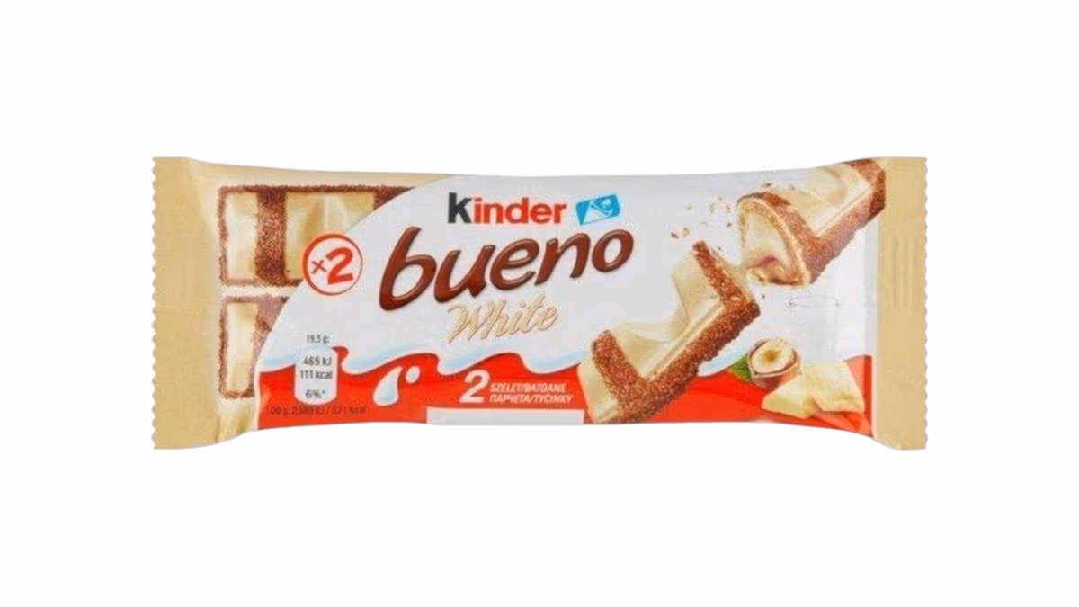 Kinder Bueno White oplatka s mléčnou a lískooříškovou náplní v polevě z bílé čokolády 2 ks 39g