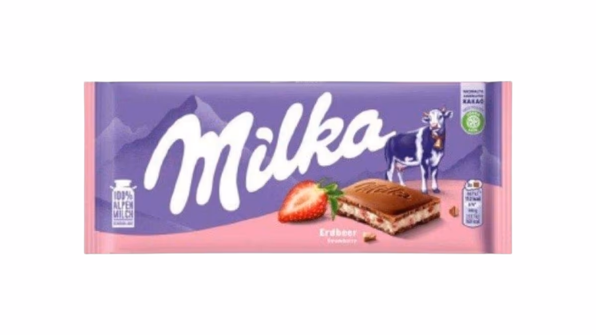 Milka Mléčná čokoláda z alpského mléka s krémovou náplní s jahodovou příchutí 100g