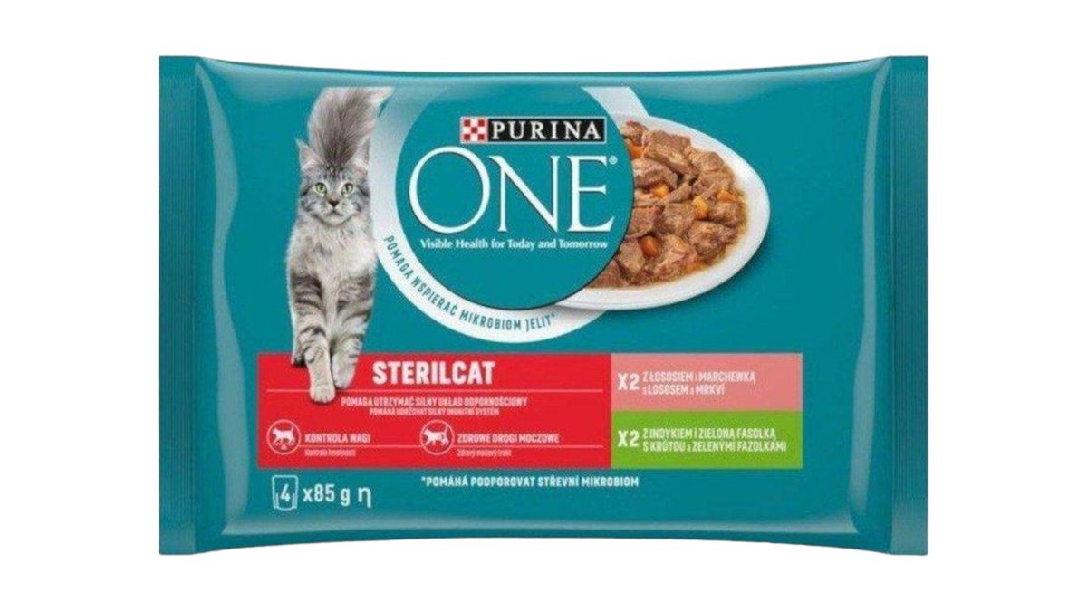 PURINA ONE STERILCAT kapsičky s krůtou a zelenými fazolkami, s lososem a mrkví ve šťávě, 4 x 85g