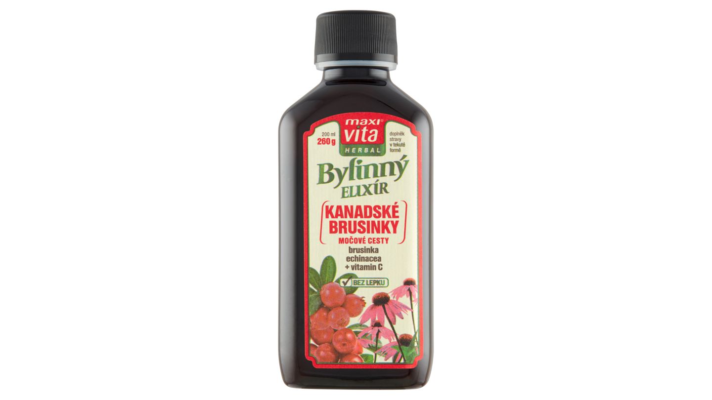 MaxiVita Herbal Bylinný elixír kanadské brusinky močové cesty brusinka echinacea + vitamin C 200ml