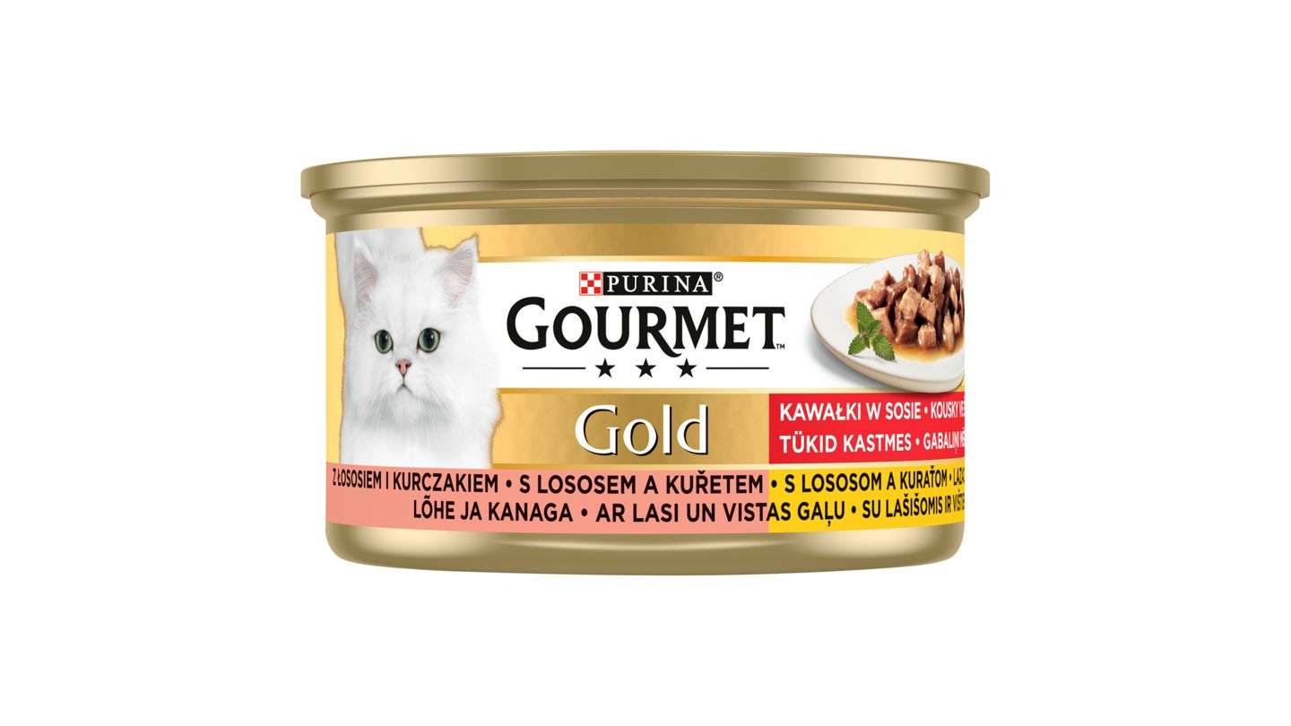 GOURMET Gold kousky ve šťávě s lososem a kuřetem 85g