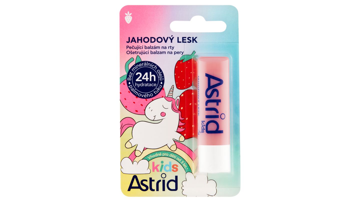 Astrid Kids pečující balzám na rty jahodový lesk 4,8g