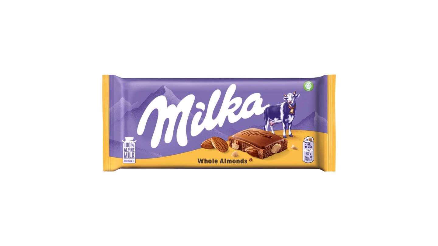 Milka Mléčná čokoláda z alpského mléka s celými jádry mandlí 90g