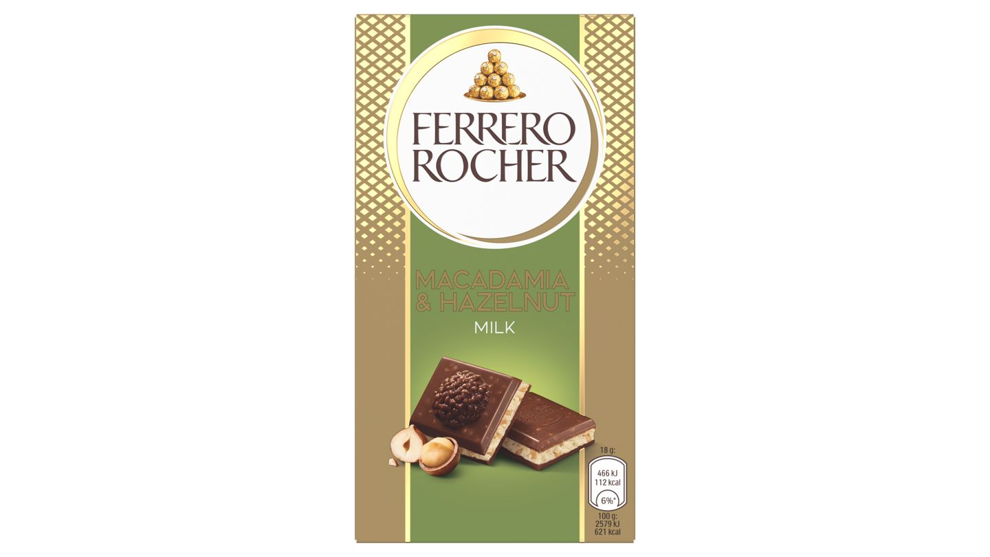 Ferrero Rocher Mléčná čokoláda s náplní s lískovými ořechy a makadamiemi 90g