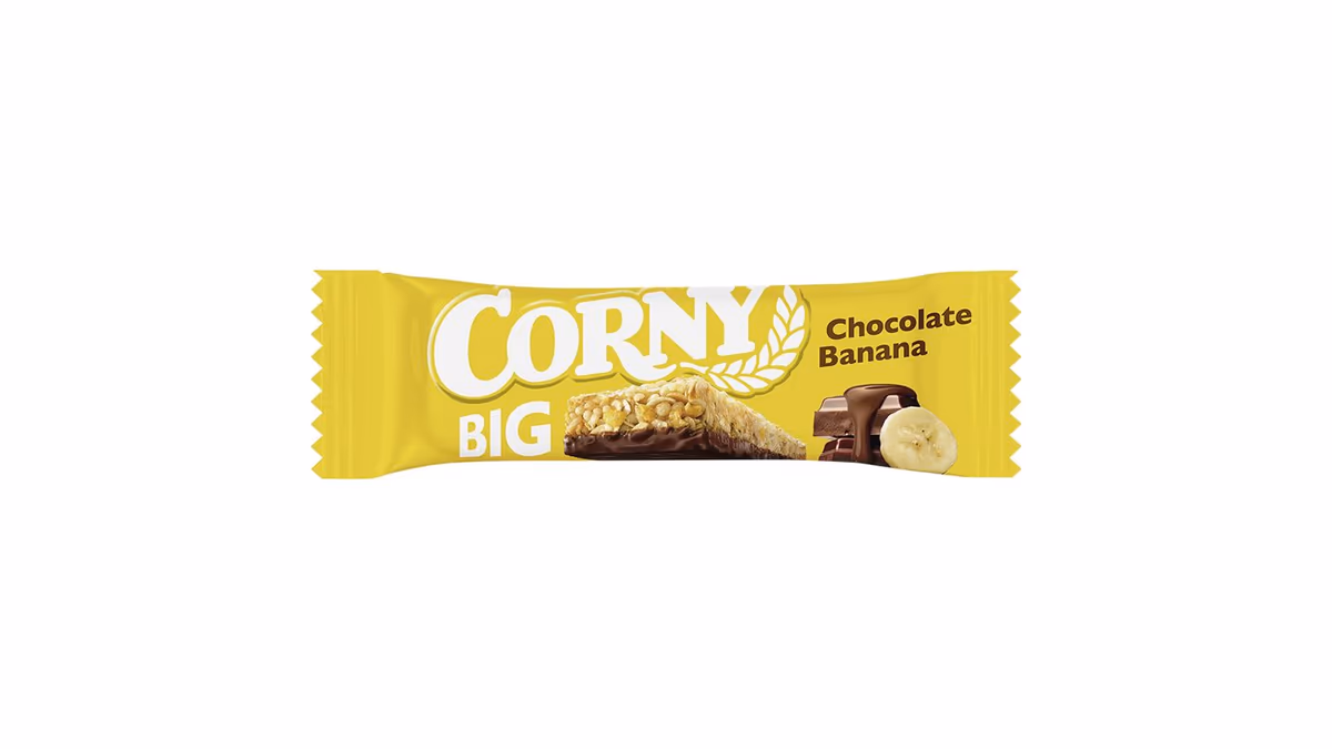 Corny Big Cereální tyčinka s banány polomáčená v mléčné čokoládě 50g