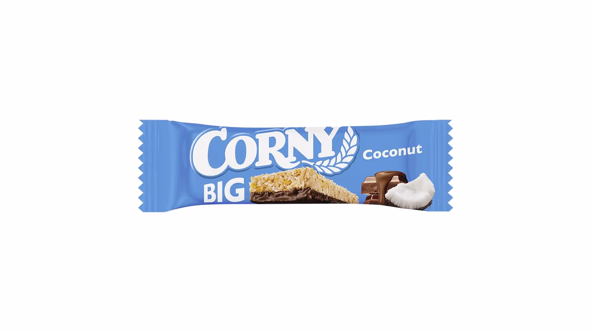 Corny Big Cereální tyčinka s kokosem polomáčená v mléčné čokoládě 50g