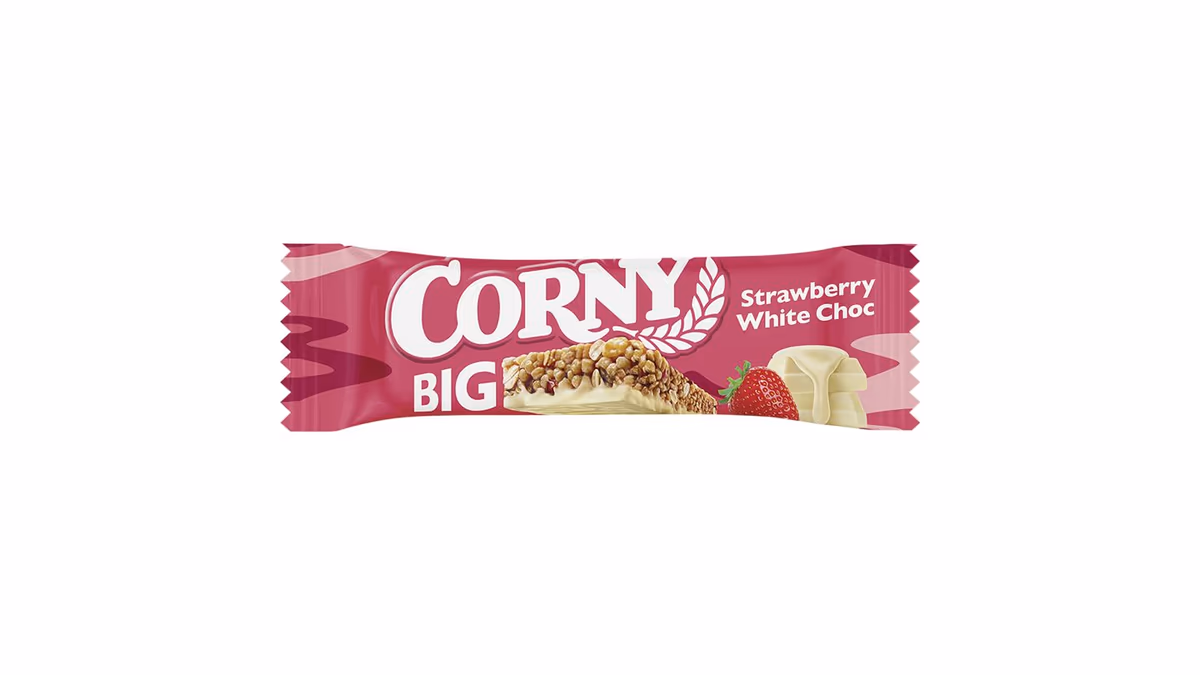 Corny Big Cereální tyčinka s jahodami polomáčená v bílé čokoládě 40g