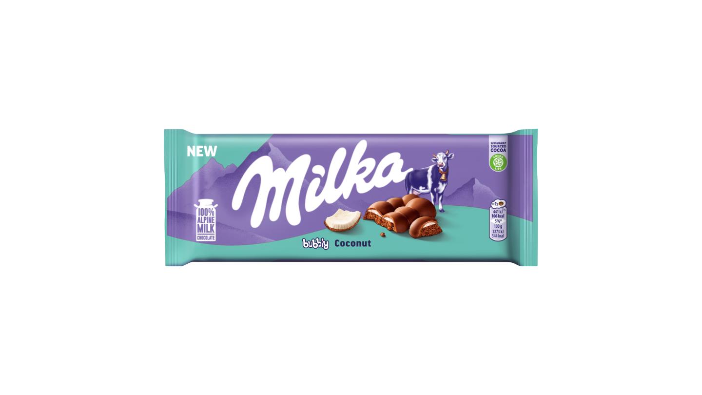 Milka Bubbly Coconut mléčná čokoláda z alpského mléka s porézní kokosovou náplní 97 g