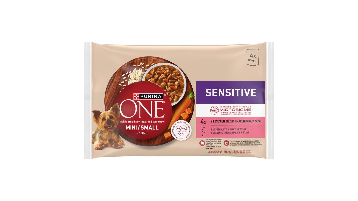 PURINA ONE MINI Dog Sensitive s lososem, rýží a mrkví ve šťávě 4 x 85g