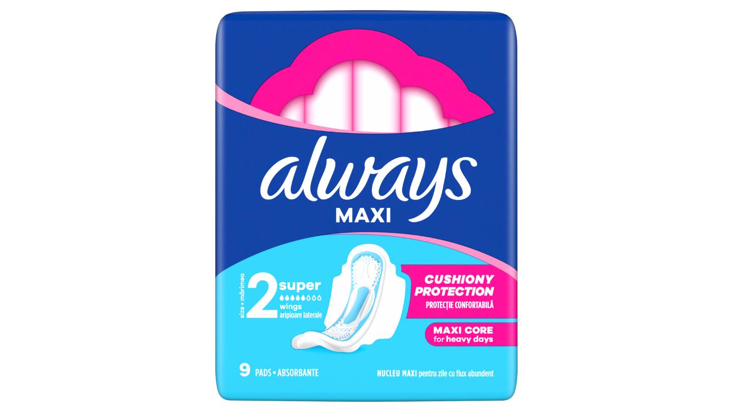 Always Maxi Super hygienické vložky (Velikost 2) s křidélky, 9 ks