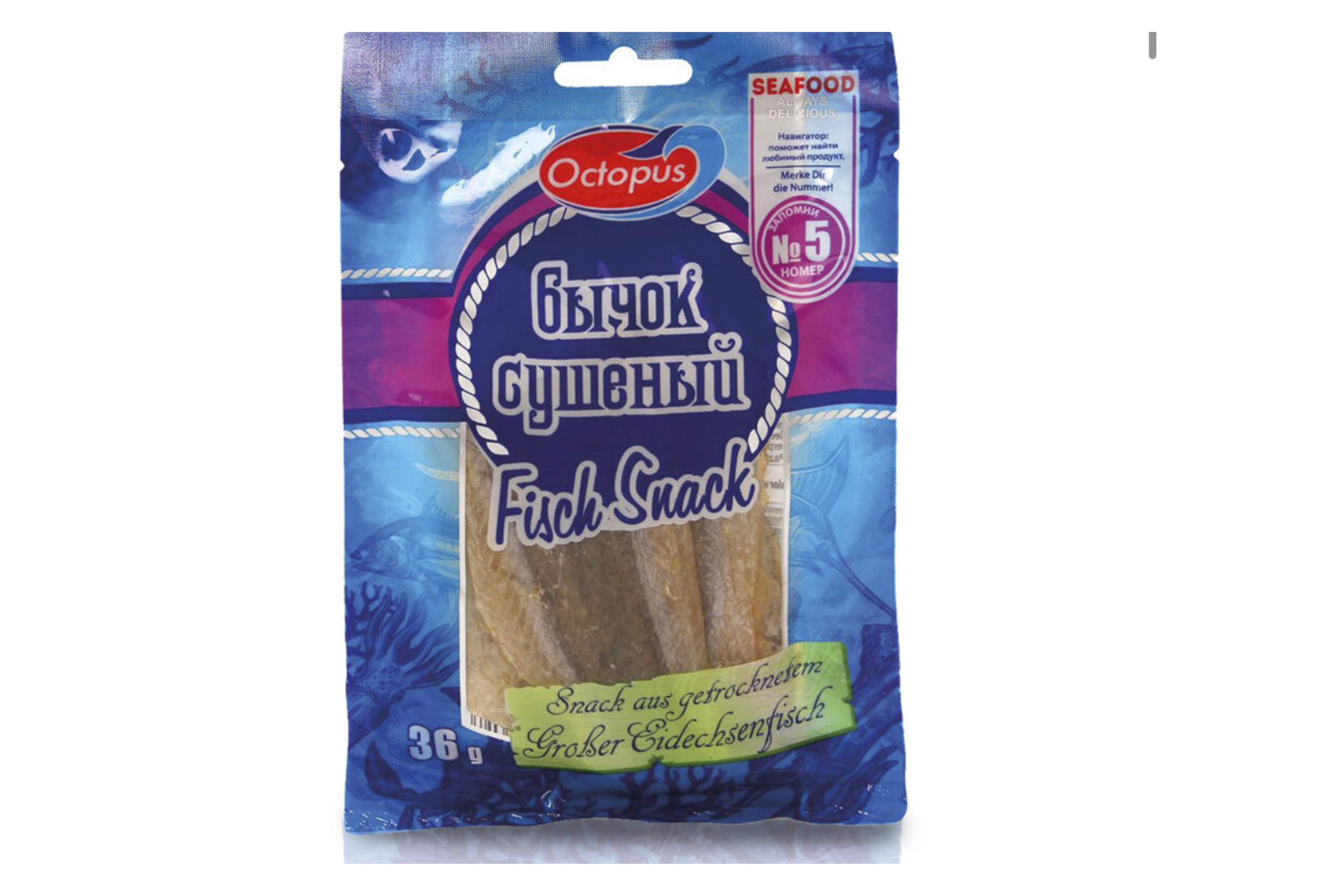 Octopus Snack z filetů ještěrohlavce hnědého, sušený a solený  36 g.