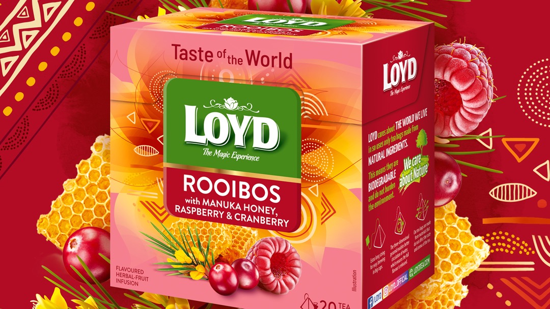 Loyd Tea pyramida world rooibos s manukou, medem, malinami a brusinakmi 34g